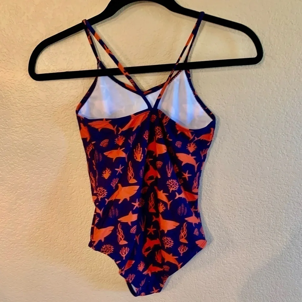 NWT Girls Swimsuit Sz 12 (Girls) One-Piece Dark Blue Red Shark Ocean Pattern
